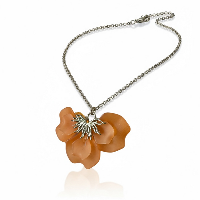 Collana Acciaio con Pendente Floreale in Resina Arancione