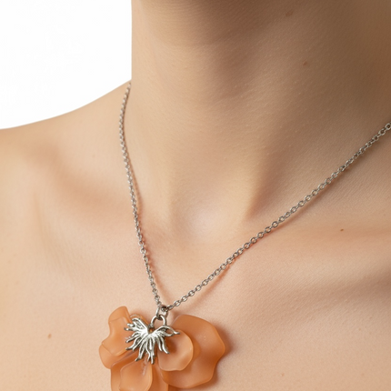 Collana Acciaio con Pendente Floreale in Resina Arancione