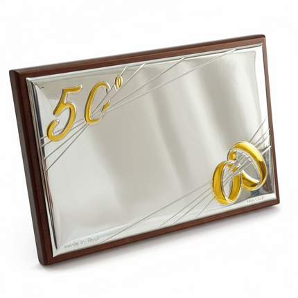 Targa Anniversario 50° Matrimonio Argento Legno Mogano 13x9 cm Nozze Oro