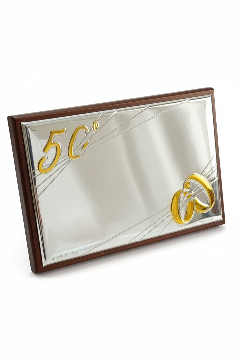 NUOVO Targa Anniversario 50° Matrimonio Argento e Legno Mogano Idea Regalo