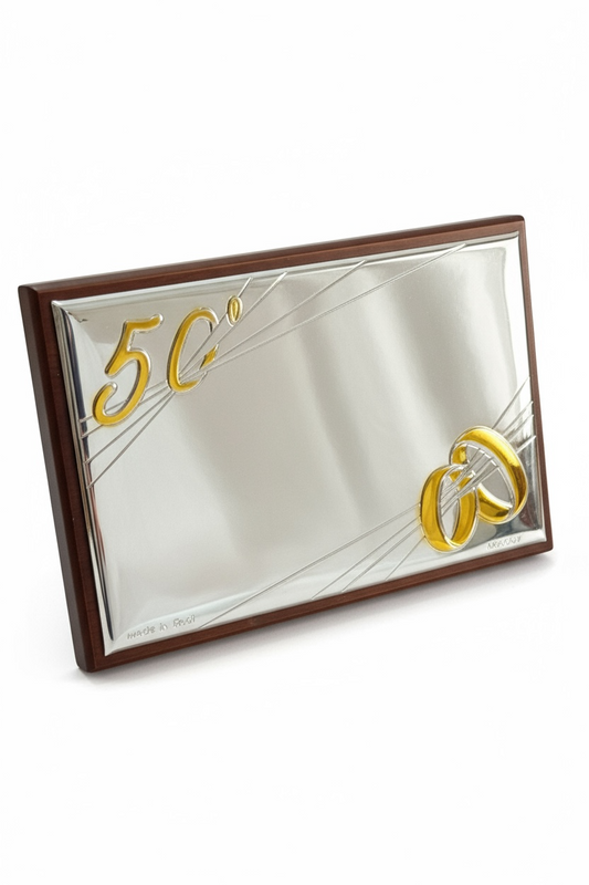 NUOVO Targa Anniversario 50° Matrimonio Argento e Legno Mogano Idea Regalo
