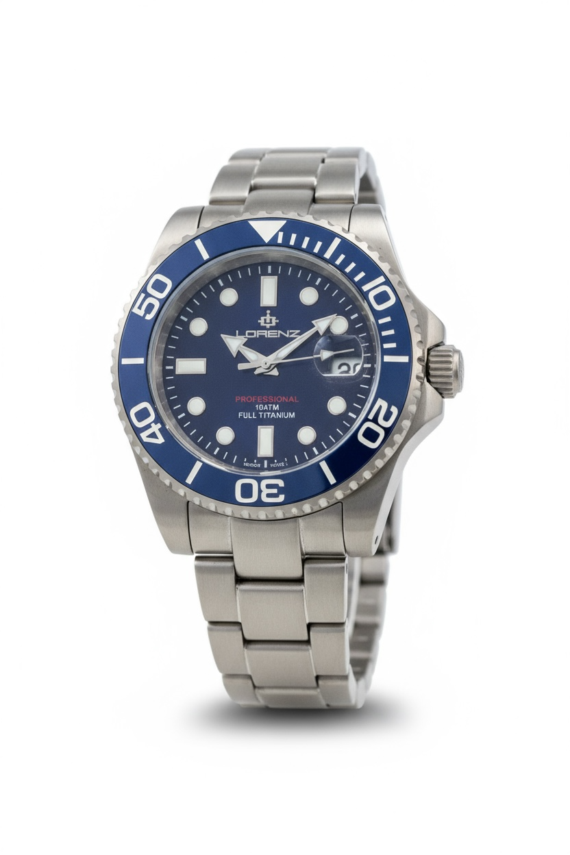 NUOVO Lorenz Orologio Uomo Diver Full Titanium 10ATM Ghiera Blu Vetro Zaffiro