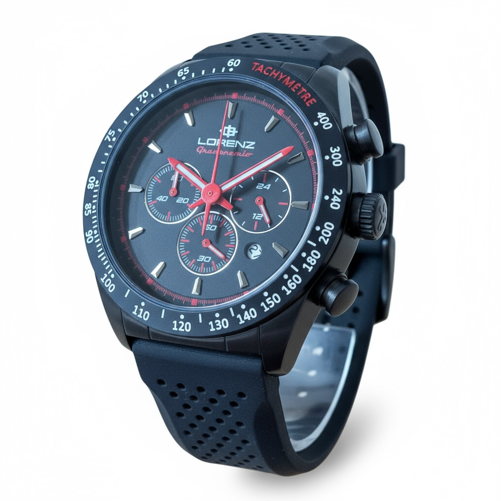 NUOVO Lorenz Granpremio Orologio Uomo Cronografo Nero Silicone Tachimetro