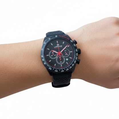NUOVO Lorenz Granpremio Orologio Uomo Cronografo Nero Silicone Tachimetro