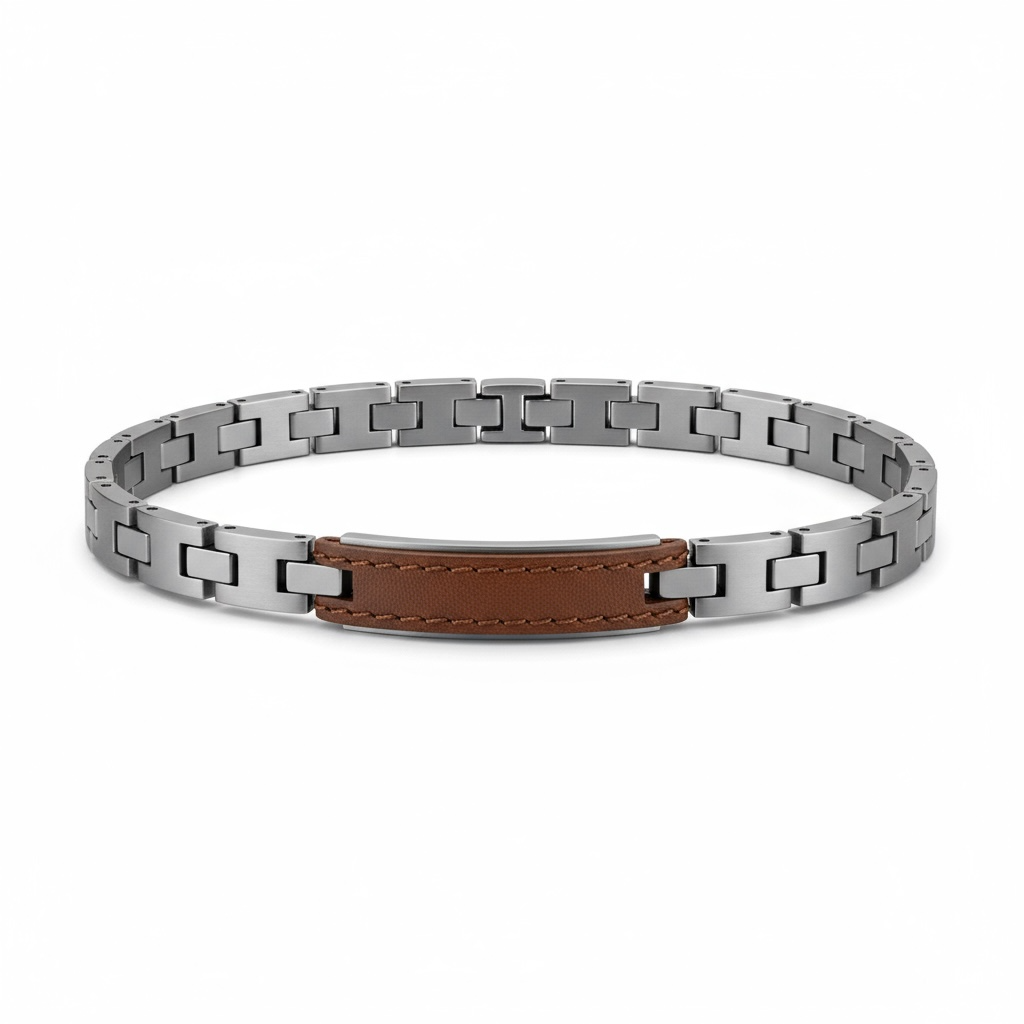 NUOVO Maserati Bracciale Uomo Acciaio con Inserto Pelle Marrone Maglie Logo