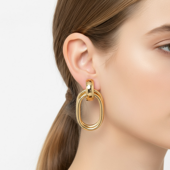 Orecchini Donna SHELLY Acciaio Cerchio Ovale Gold Pendenti Eleganti