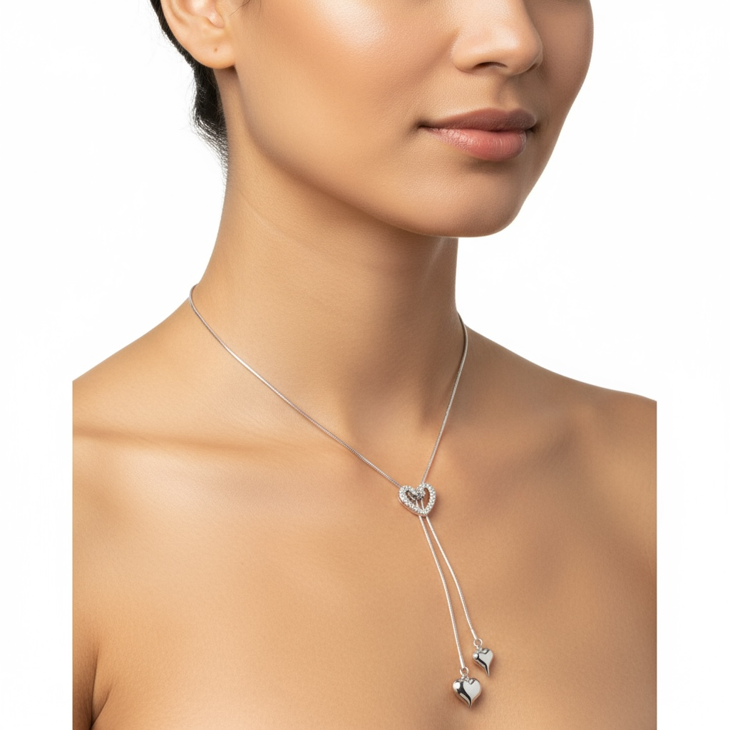 NUOVO Shelly Collana Donna Saliscendi Acciaio Inox Cuore Strass Bianchi Elegante