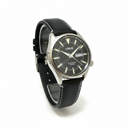 Orologio Uomo Lorus Automatico Day Date Acciaio Cinturino Pelle Nera 10 Bar