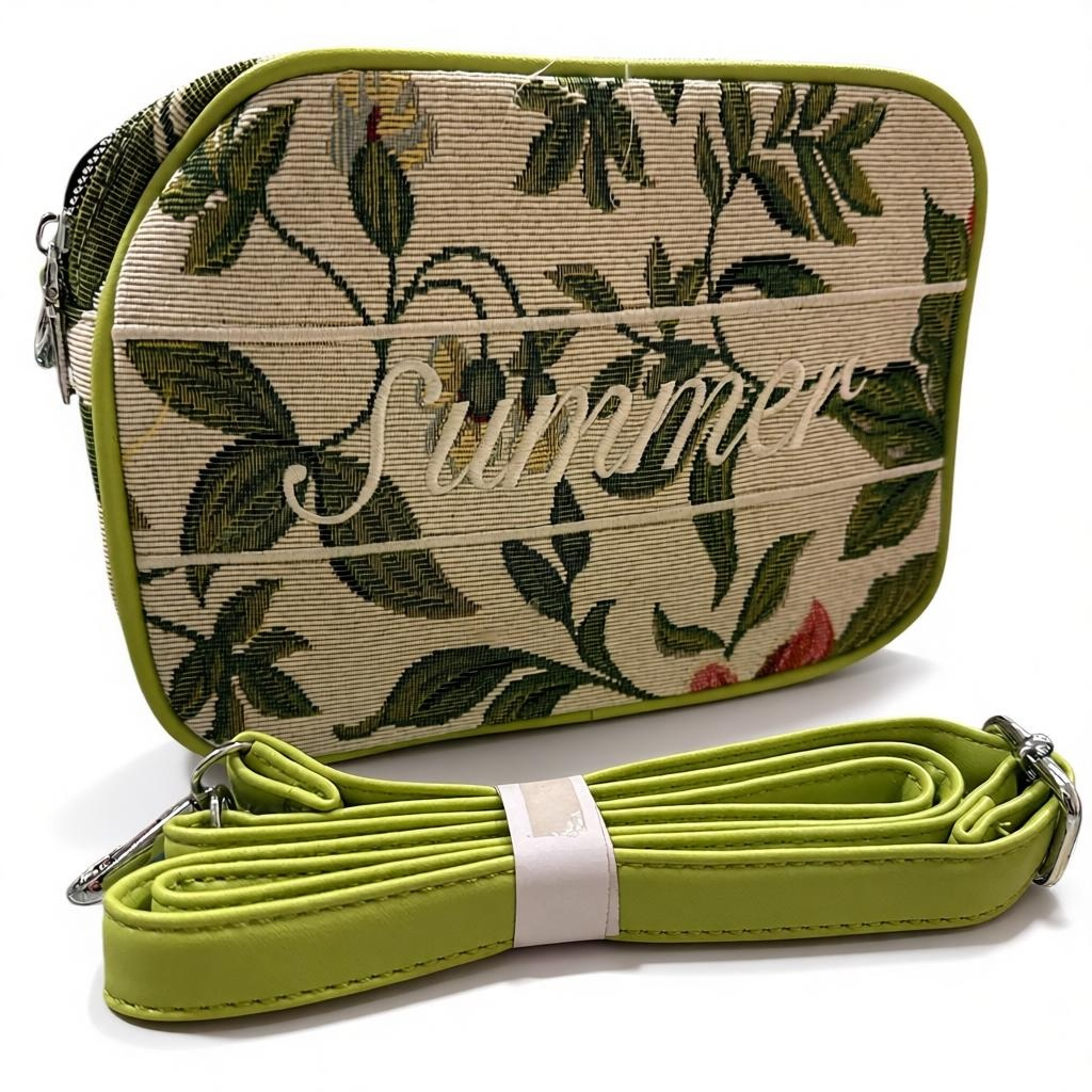 Borsa tracolla verde canvas dettaglio manici chiusura zip donna
