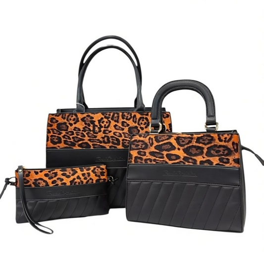 Set tris borsa Renato Balestra donna pelle nera maculato tracolla tre pezzi
