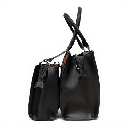 Borsa Renato Balestra tracolla pelle nera stampa maculata dettaglio chiusura
