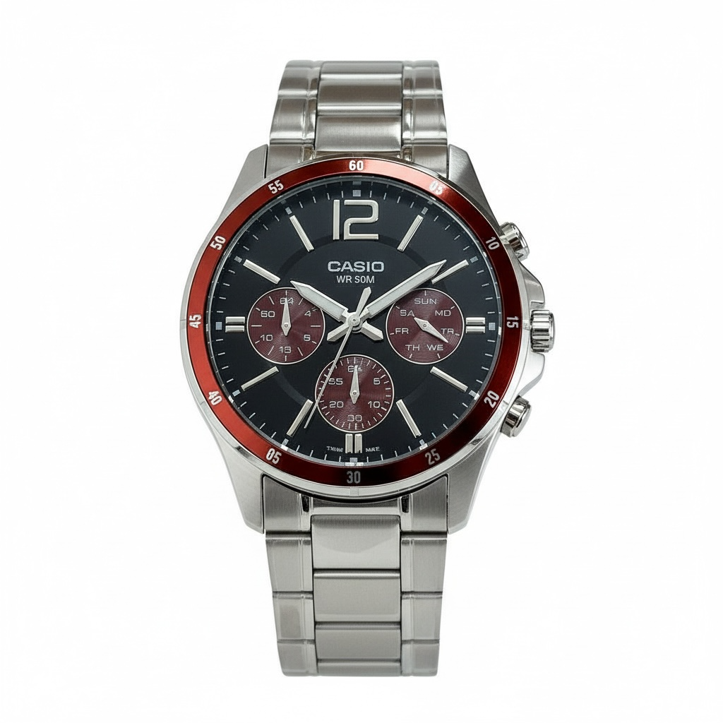 Orologio Uomo Casio Acciaio Multifunzione Ghiera Rossa MTP-1374D-5AVDF