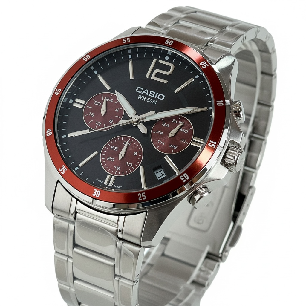 Orologio Uomo Casio Acciaio Multifunzione Ghiera Rossa MTP-1374D-5AVDF