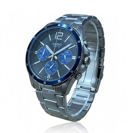 Orologio Uomo Casio MTP-1374D Acciaio Ghiera Blu Quadrante Nero Multifunzione WR50M