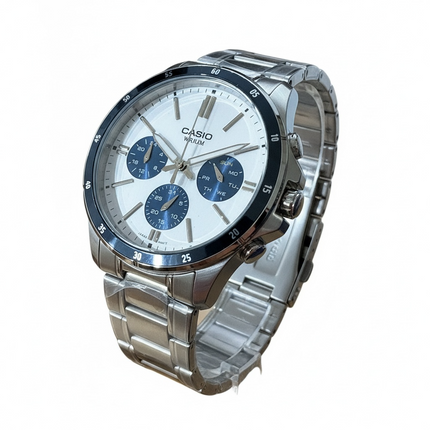 Orologio Uomo Casio MTP-1374D Acciaio Quadrante Bianco Contatori Blu WR50M