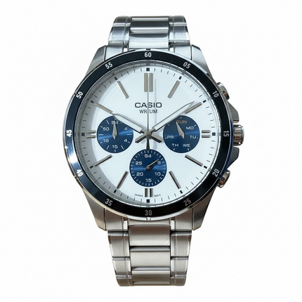 Orologio Uomo Casio MTP-1374D Acciaio Quadrante Bianco Contatori Blu WR50M