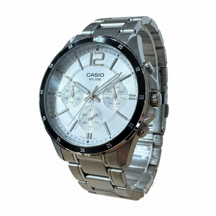 Orologio Uomo Casio MTP-1374D Acciaio Quadrante Bianco Multifunzione WR50M