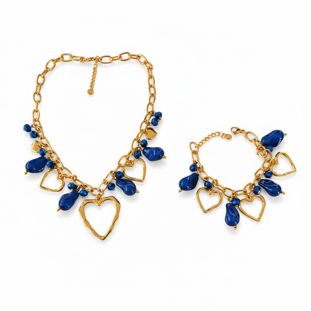 Set Collana Bracciale Donna Shelly Acciaio Resina Blu Coordinato