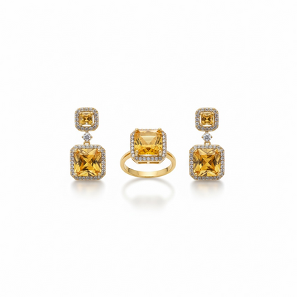 Parure Donna Anello e Orecchini Shelly Dorato Pietre Gialle Quadrate Eleganti