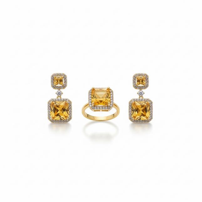 Parure Donna Anello e Orecchini Shelly Dorato Pietre Gialle Quadrate Eleganti
