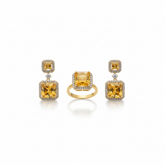 Parure Donna Anello e Orecchini Oro Pietre Gialle Quadrate Eleganti