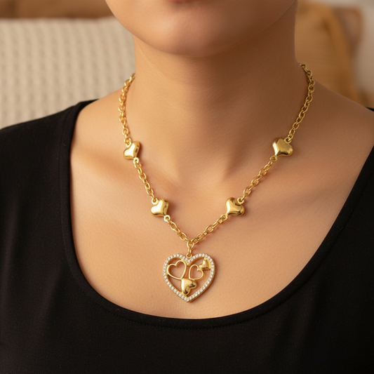 Collana Cuore Donna Acciaio Inox Zirconi Colore Oro o Argento