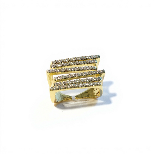 Anello donna ottone premium misura 15 design a barre con cristalli finitura oro