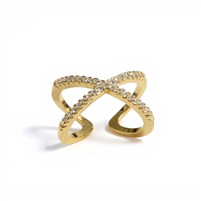 Anello donna ottone premium misura 15 design incrociato con cristalli oro
