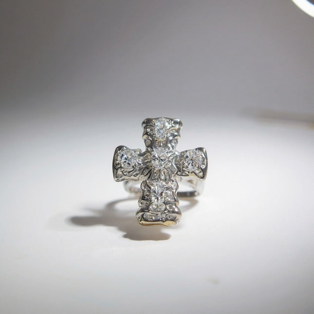 Anello donna acciaio misura 15 croce con cristalli design simbolico