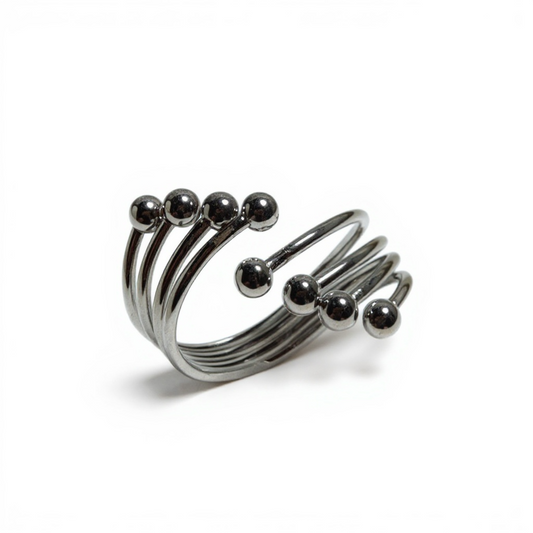 Anello donna acciaio misura 14 design a spirale con sfere stile moderno