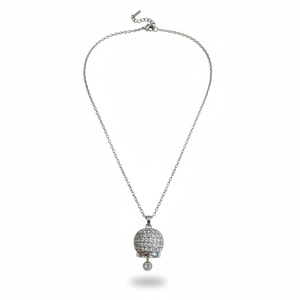 Collana Donna Acciaio Ciondolo Campanella Zirconi Brillanti Regolabile