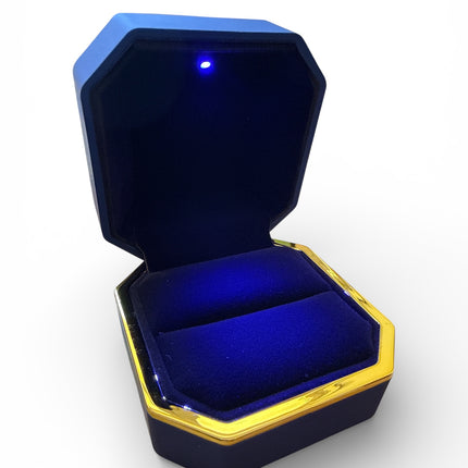Astuccio Porta Anello LED Luce Interna Blu Oro 7x7x5cm Custodia Gioielli