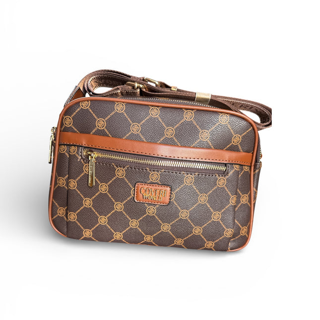 Borsa Tracolla Donna Coveri Monogram Marrone Oro Zip Tasche Esterne