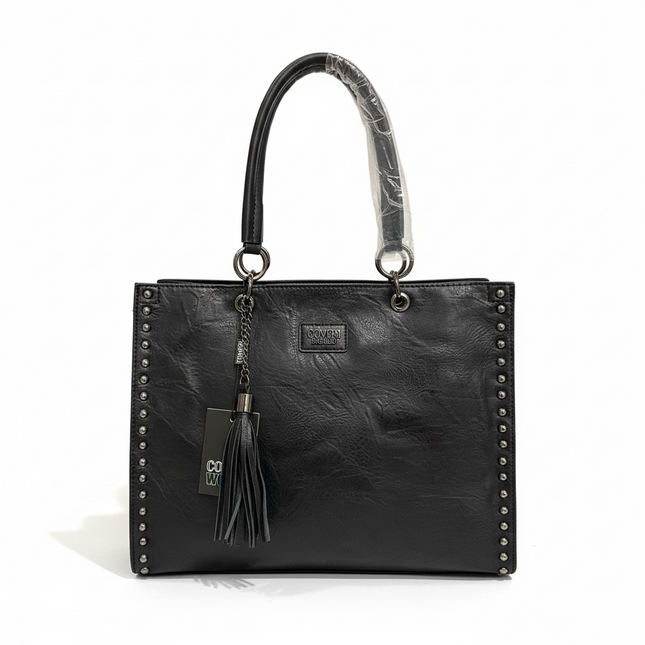 Borsa Donna Coveri Collection Nera Ecopelle Borchie Nappa Manici 35x26cm