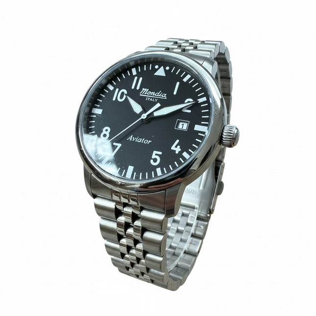 Orologio Uomo Mondia Aviator Acciaio Nero 44mm Jubilee Luminoso Data