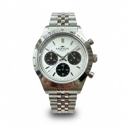 Cronografo Uomo Mondia Acciaio Quadrante Bianco Ghiera Tachimetrica 42mm