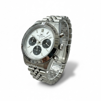 Cronografo Uomo Mondia Acciaio Quadrante Bianco Ghiera Tachimetrica 42mm
