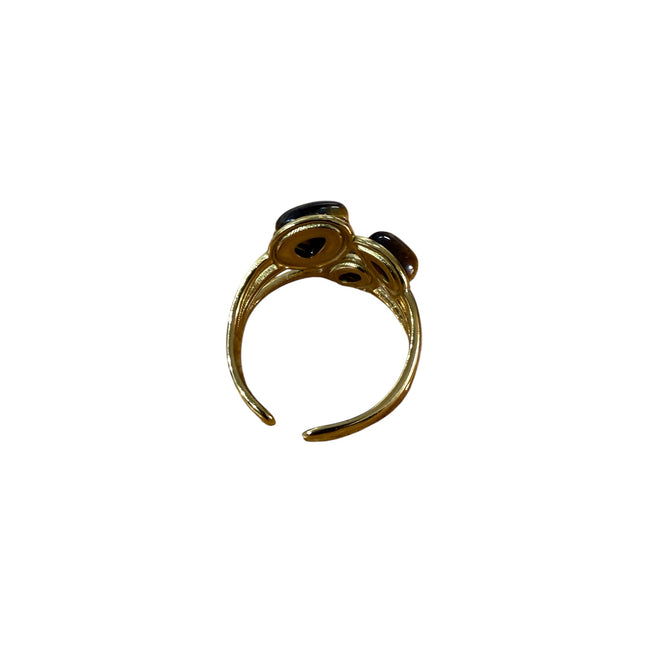 Anello Donna Shelly Acciaio Dorato 3 Pietre Occhio di Tigre Floreale Regolabile