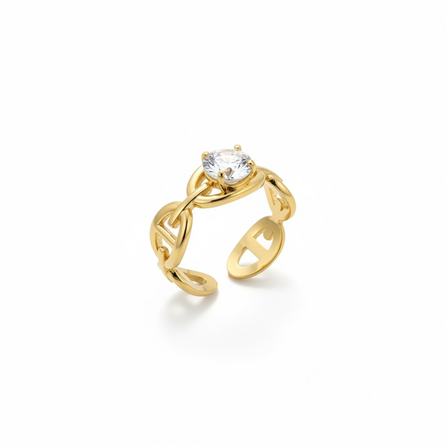 Anello Donna Shelly Acciaio Dorato Catena Marina Zircone Solitario Regolabile
