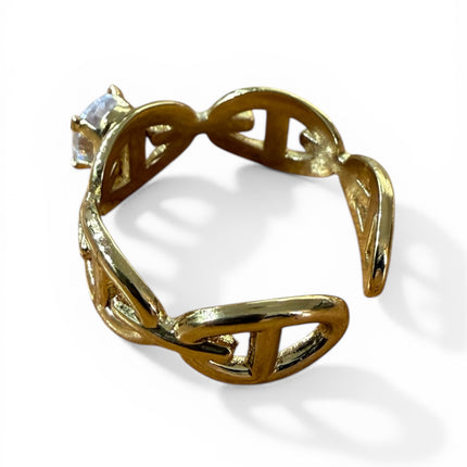 Anello Donna Shelly Acciaio Dorato Catena Marina Zircone Solitario Regolabile