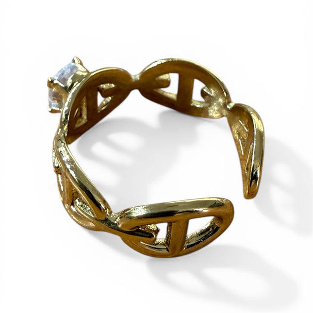 Anello Donna Shelly Acciaio Dorato Catena Marina Zircone Solitario Regolabile