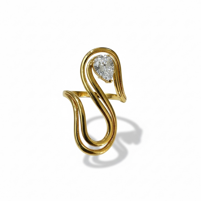 Anello Donna Shelly Acciaio Dorato Design Doppia S Zircone Goccia Mis. 17