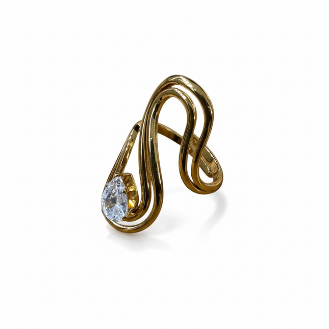Anello Donna Shelly Acciaio Dorato Design Doppia S Zircone Goccia Mis. 17