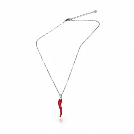 Collana Donna Shelly Acciaio Silver Cornetto Portafortuna Smalto Rosso 40+5cm