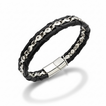 Bracciale Uomo Pelle Nera Acciaio Argento Chiusura Magnetica 3 Modelli