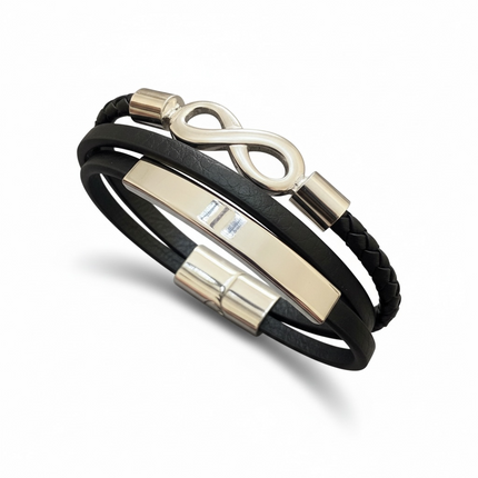 Bracciale Uomo Pelle Nera Acciaio Argento Chiusura Magnetica 3 Modelli