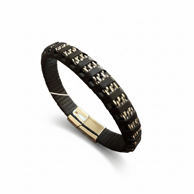 Bracciale Uomo Pelle Nera Acciaio Argento Chiusura Magnetica 3 Modelli