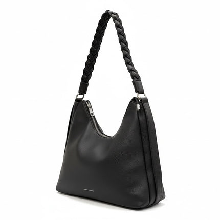 Borsa Donna Regina Schrecker Hobo Ecopelle Nera Manico Intrecciato Zip Argento