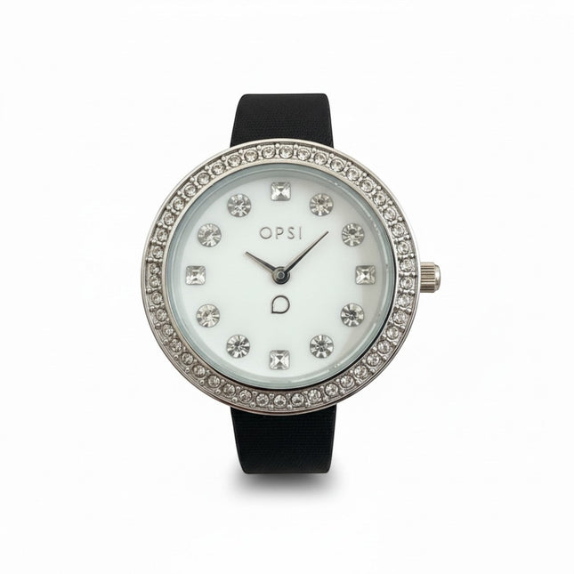 Orologio Donna OPS Objects Acciaio Pelle Nera Lunetta Strass Cristalli
