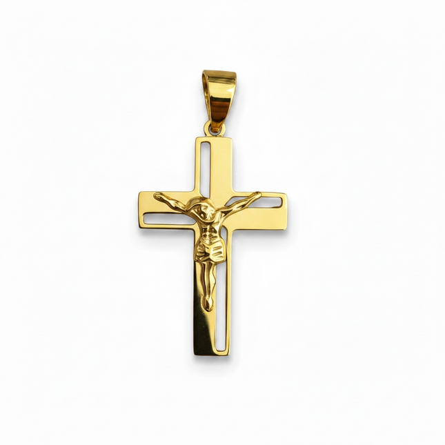 Pendente Crocifisso Acciaio Gold Lucido Croce Aperta Cristo 4.5x2.5cm